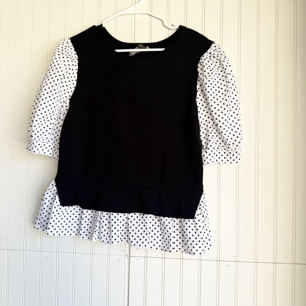 Anthropologie Size M Black and White Polka Dot Mixed Media Puff-Sleeve Sweater - Picture 4 of 7